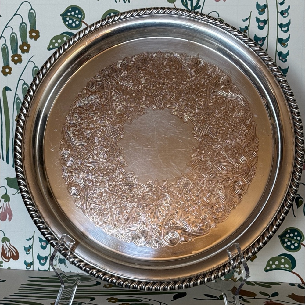 Vintage International Silver Company Round Tray Silver with Copper Accents